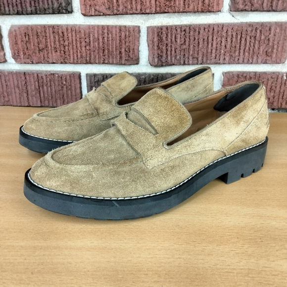 Franco Sarto Anthropologie Tavoli Lug Sole Penny Loafers in Toasted Barley Suede - Picture 7 of 13